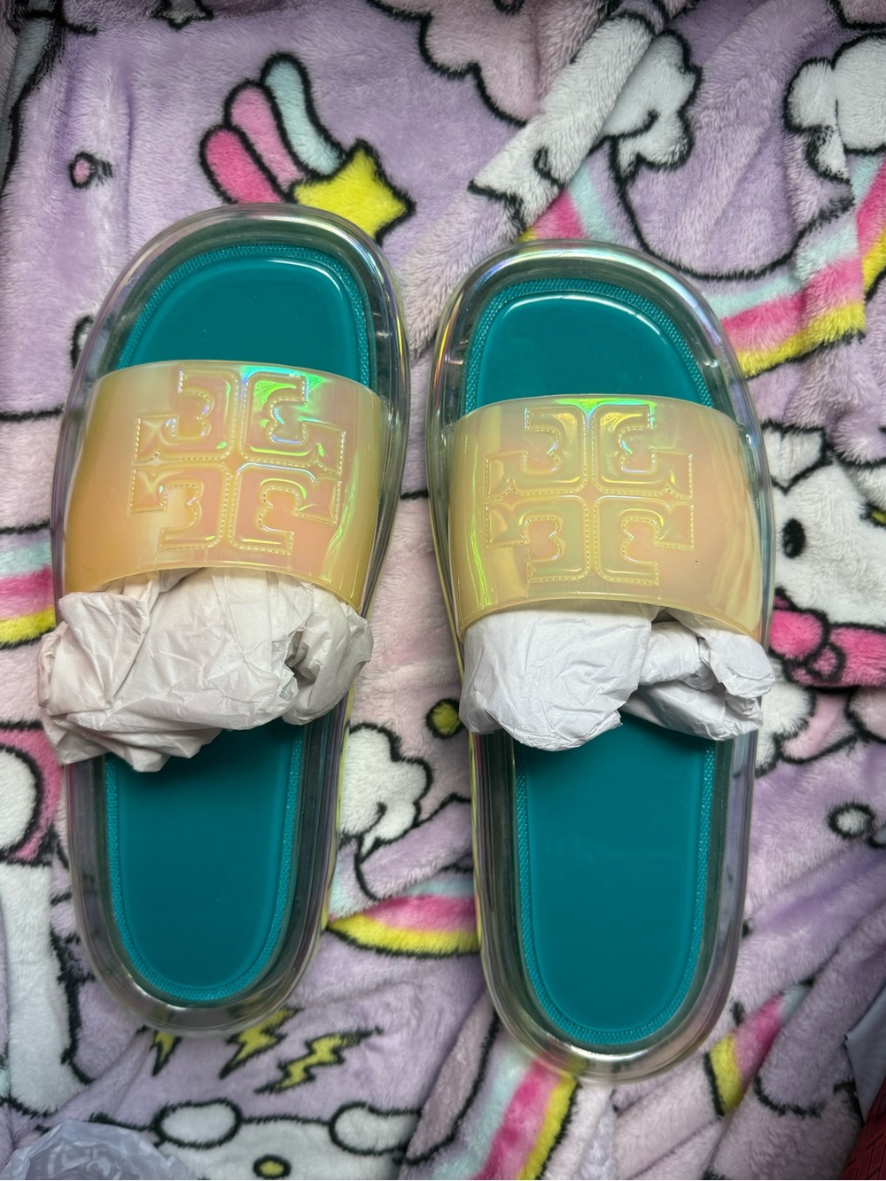 Tory Burch Iridescent Peach Slide Sandals with Teal Footbed